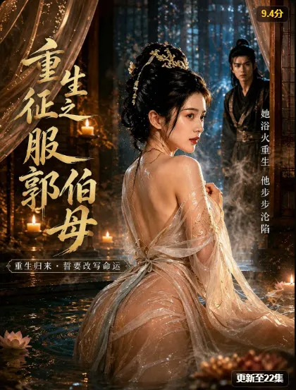古装重生题材短剧封面:女子侧身回眸,男主在身后注视