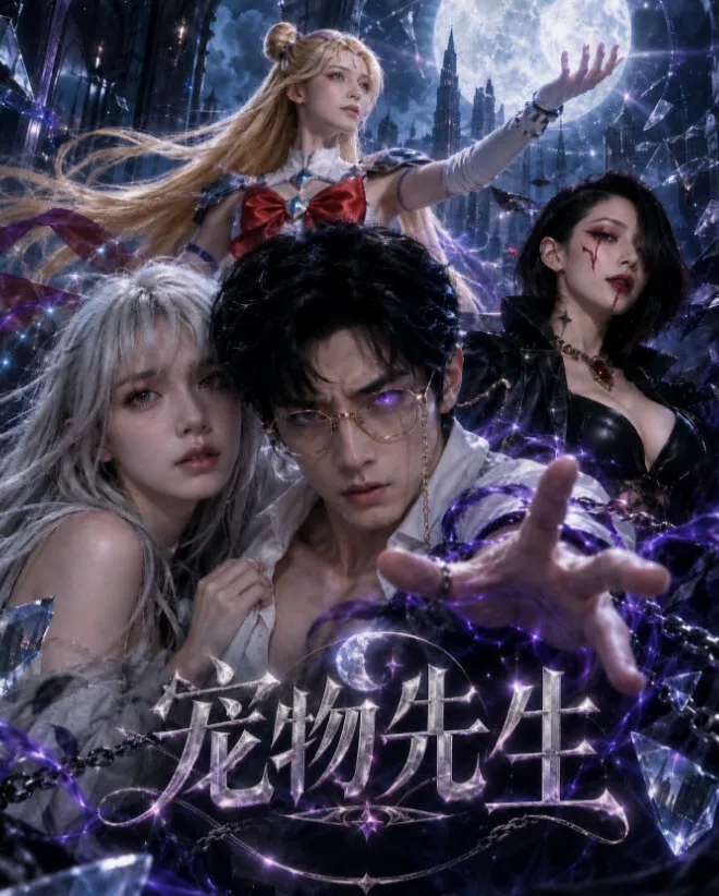 二次元魔幻题材短剧封面:银发少女与紫瞳少年多人同框