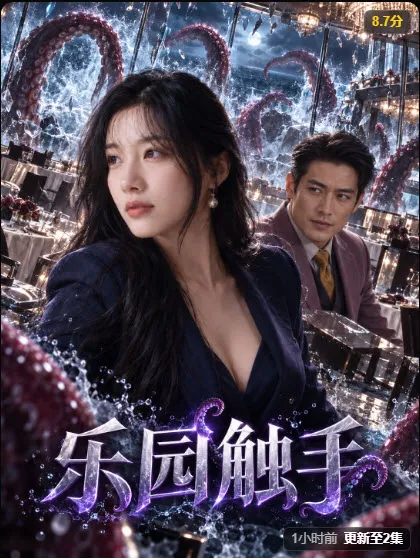 悬疑题材短剧封面:女子在餐厅前抬头,身后触手翻涌