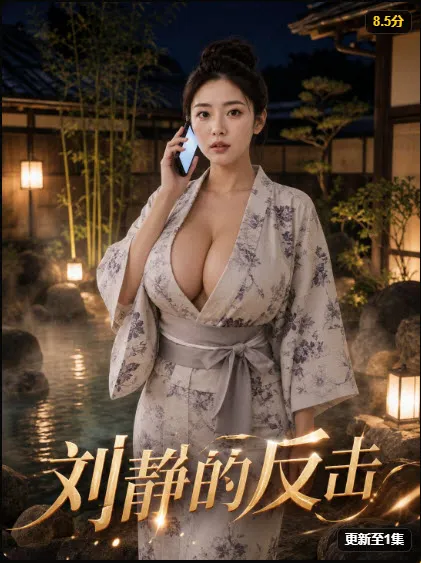 古风题材短剧封面:女子身穿浴衣在温泉边接听电话