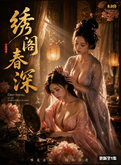 古装唯美题材短剧封面:两位女子在绣阁中对坐梳妆