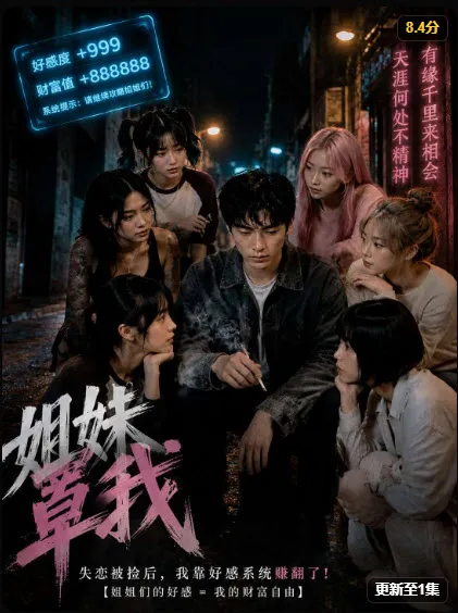 都市逆袭题材短剧封面:少年被多位女孩环绕,弹窗显示好感度